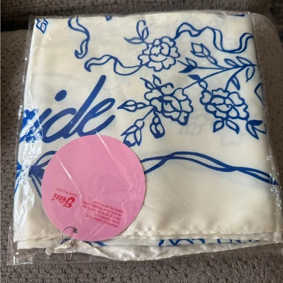 Bride White and Blue Floral Silk-Feel Bandana Scarf - Picture 2 of 3